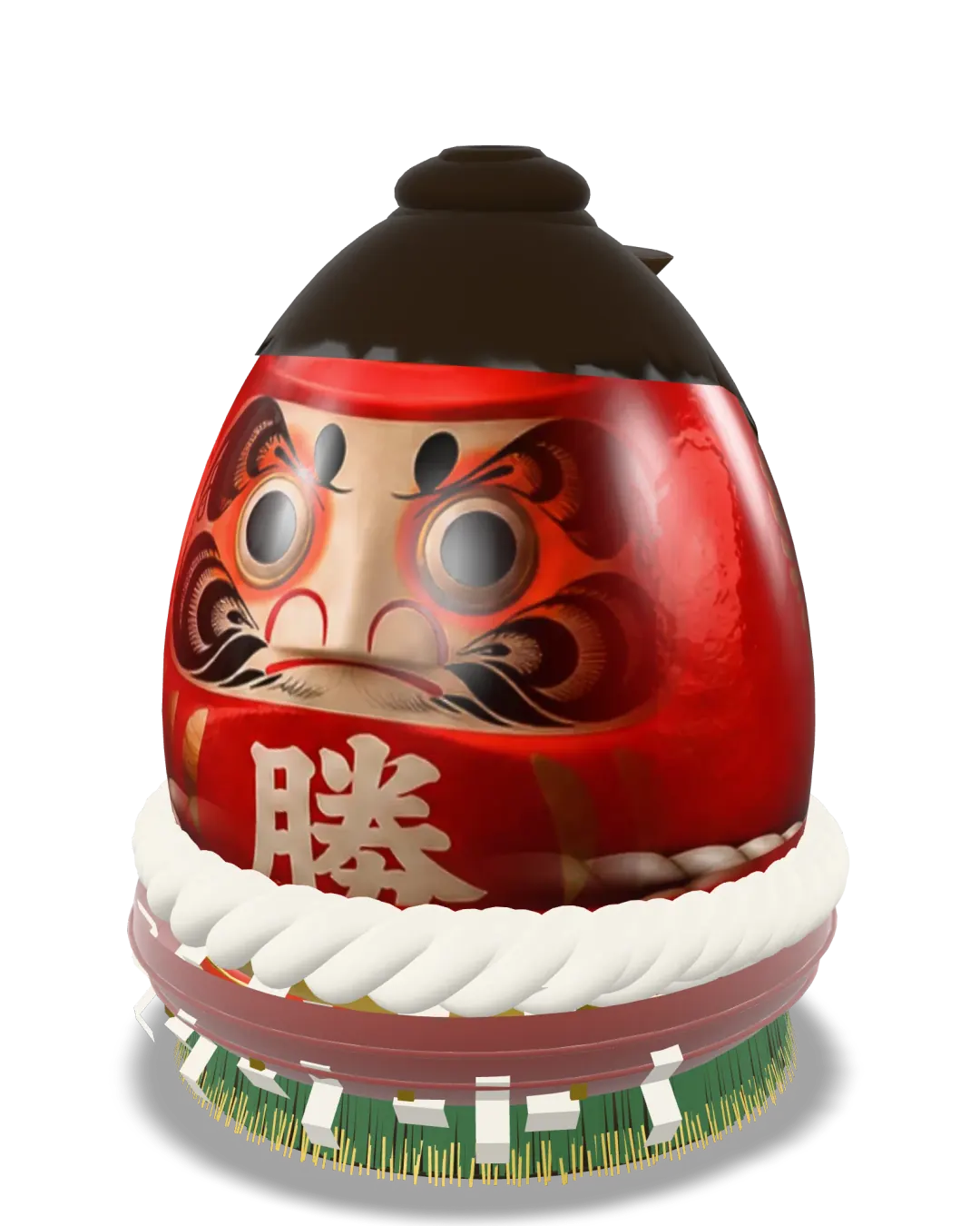 SUMO DARUMA THE YOKOZUNA — a vermilion, black and gold daruma figure wearing a sumo grand champion’s white rope.